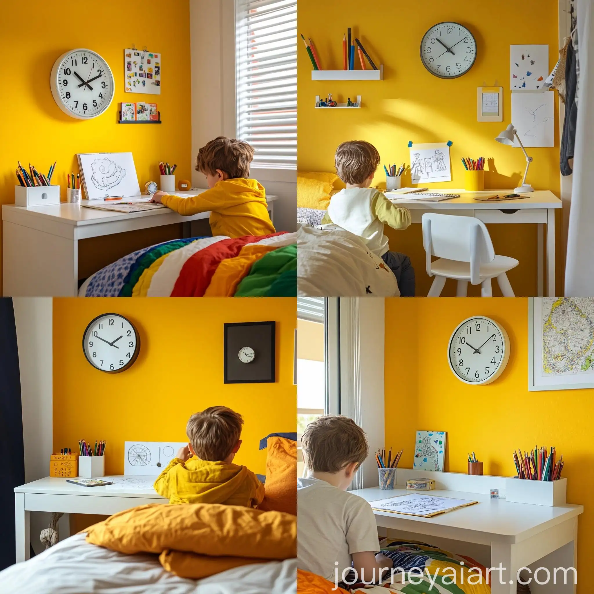 Child-Drawing-in-Yellow-Bedroom-with-Desk-and-Clock