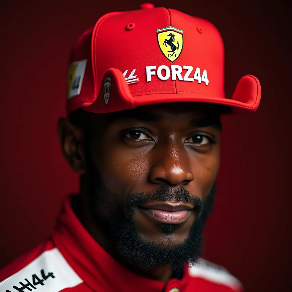 Ferrari F1 car shaped hat. LH44 and FORZA44 writing. 4k portrait of ferrari Formula 1 fan of african descent- older with a beard