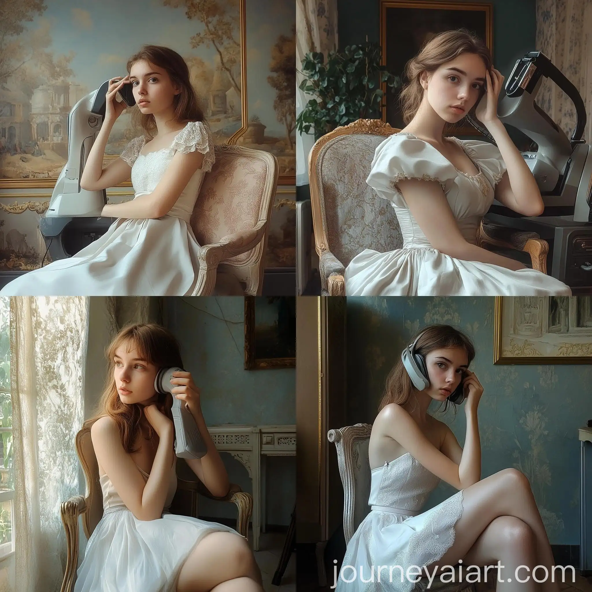 Girl-in-Aristocratic-Estate-Sitting-on-Chair-in-Light-Skirt-Dress