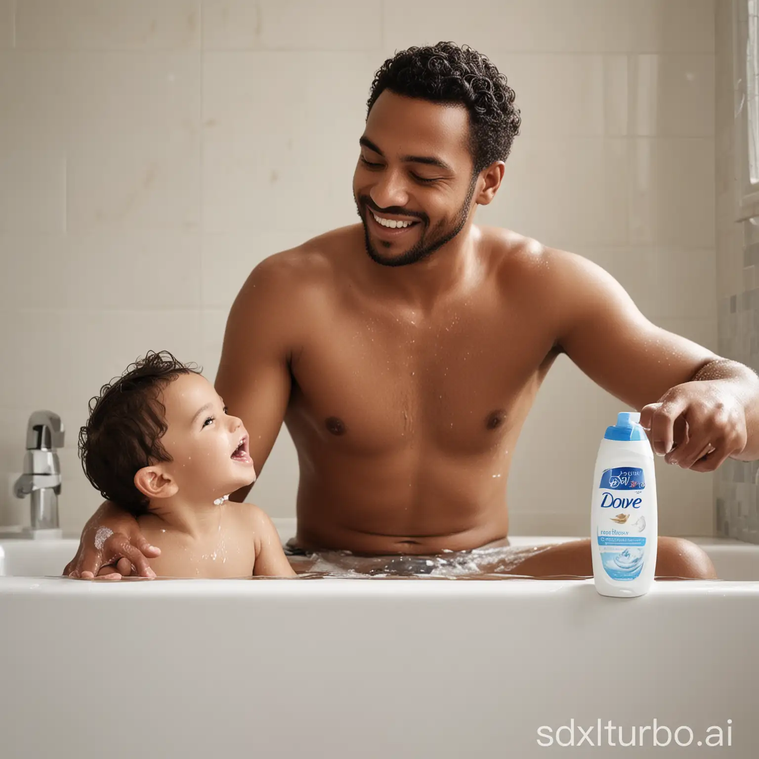 Man bathing a child using dove baby wash, breaking gender roles for Dove purpose campaign “The Beauty Of Care”