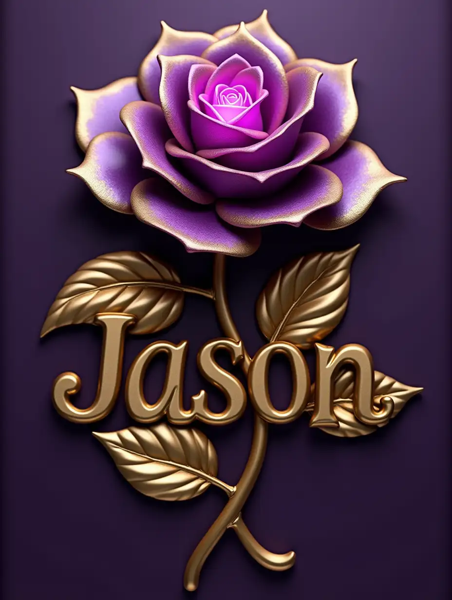 hyper realistic photo of a golden metal rose with purple petals edged in gold. The rose has a glowing purple center and is slightly inclined over the name 'Jason' in a polished gold font. The leaves of the rose are also made of gold metal. The background is a polished metal purple