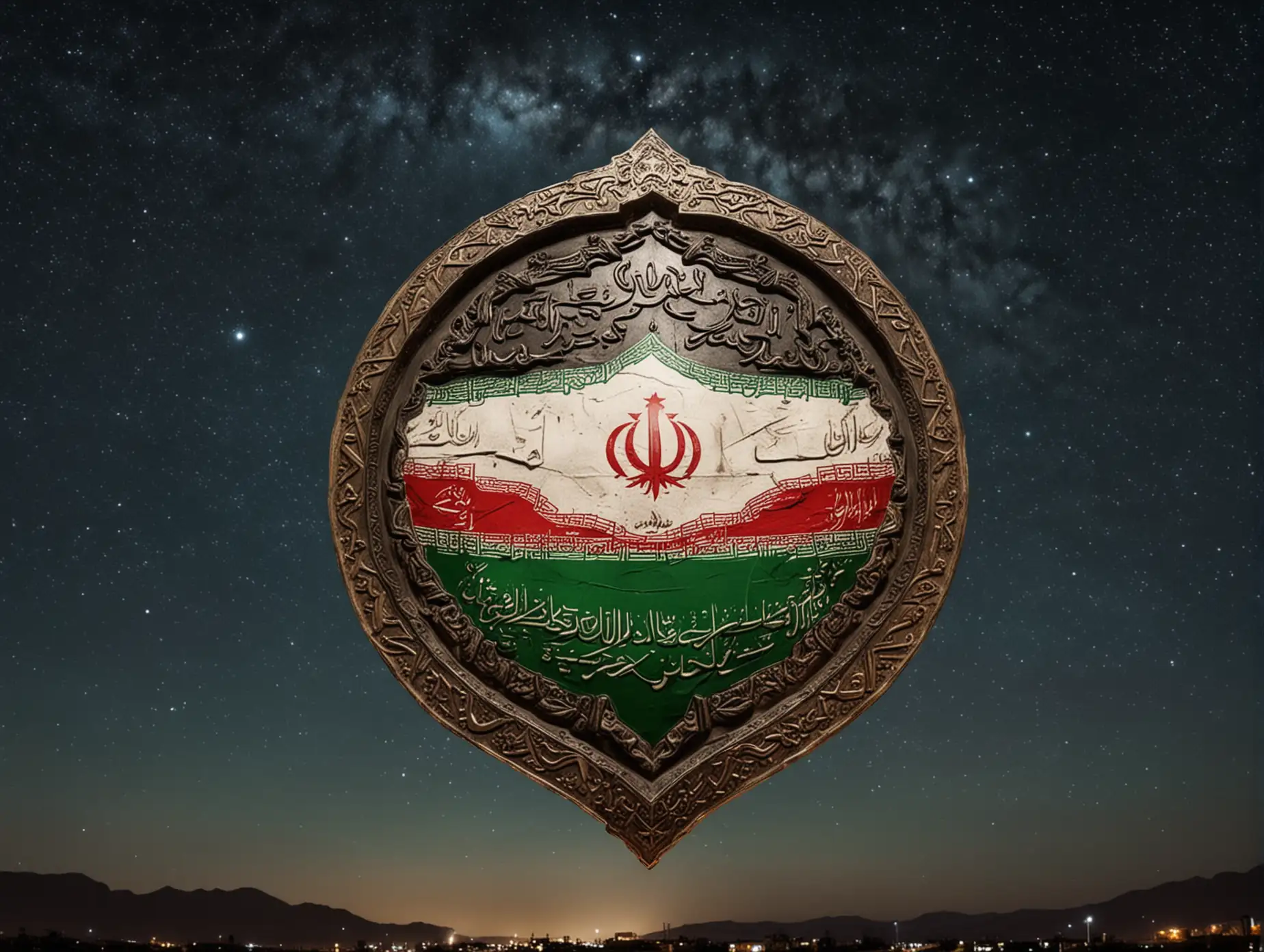 Round-Iranian-Shield-Featuring-the-Iranian-Flag-Design-Against-a-Night-Sky