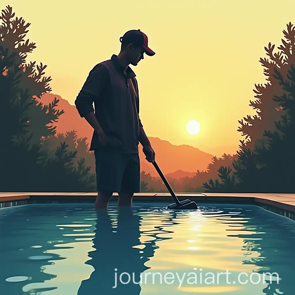 Silhouette-of-a-Man-in-a-Cap-Cleaning-the-Pool