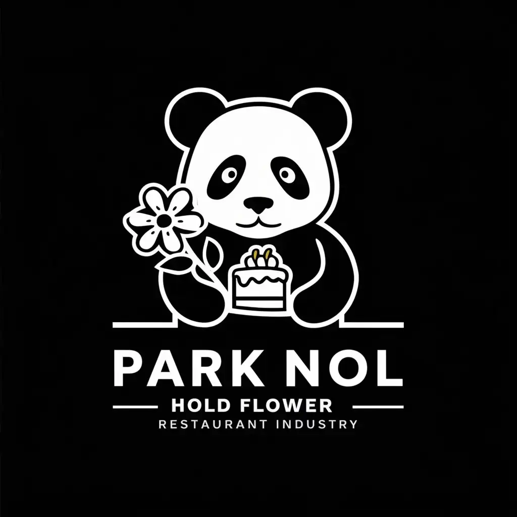 LOGO Design for Panda Minimalistic Panda Holding Flower and Cake on Black Background