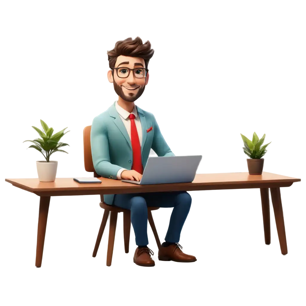 Imagine a cheerful cartoonish office worker seated at a polished wooden desk. He has a round face with rosy cheeks and a big, friendly smile that radiates positivity. His attire consists of a smart blue suit that fits him perfectly, complemented by a bright red tie that adds a pop of color to his outfit. His hair is styled neatly, and he wears stylish glasses that give him an intelligent look. On the desk, he is focused on his laptop, which has a colorful sticker on the back, showcasing his fun personality. The laptop screen glows softly, reflecting his enthusiasm for work. To the left of the laptop, there’s a terracotta pot housing a vibrant green plant with broad leaves, adding a touch of nature to the workspace. On the right side of the desk, there’s a smaller, delicate plant in a tiny ceramic pot, perhaps a succulent, which adds to the cheerful ambiance. In front of him, there’s a bright blue cup filled with steaming coffee, hinting at his readiness to tackle the day ahead. The background is minimalistic, painted in soft pastel colors, allowing the character and his workspace to stand out. A few whimsical sparkles float in the air, adding a magical touch to the scene, suggesting that work can be fun and joyful.