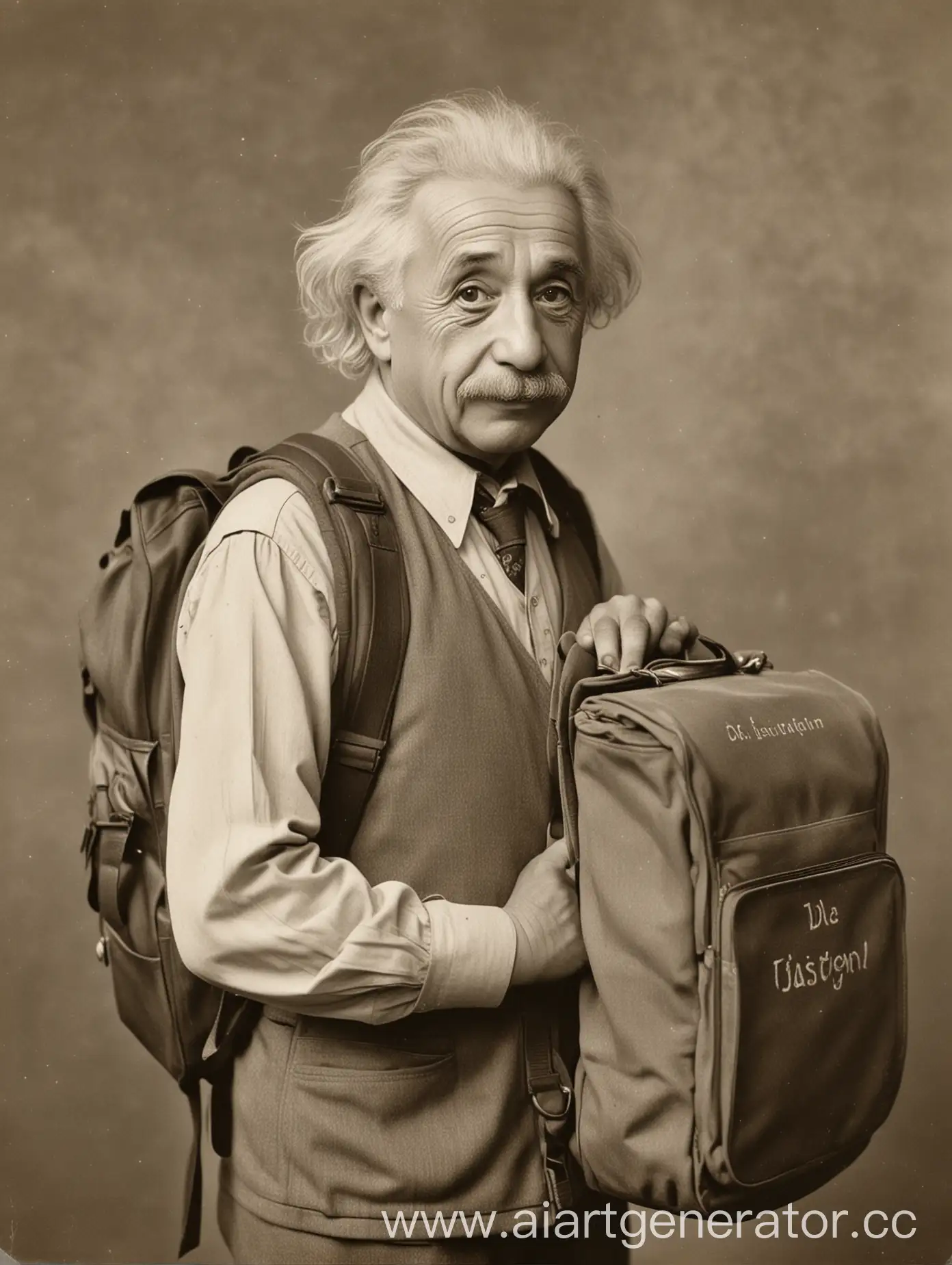 Young-Einstein-Enrolling-in-Language-Class-with-Backpack-of-Childrens-Drawings