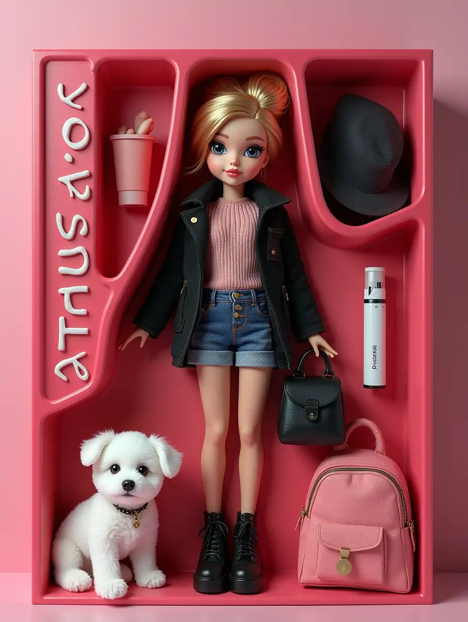 Create art: 3D-doll in Bratz style, made of soft touch plastic. The character is full size, repeats the appearance and outfit from my photo. Copy every detail: hairstyle, lips, eyes, accessories, features and proportions of the face. Black ankle boots on a platform without laces. Clothes - exactly the same, with an emphasis on style and textures. The doll lies in a plastic recess that repeats its silhouette. Create a collector's action figure of a human-like toy as an expensive toy in packaging. Style - highly realistic, like for advertising or stories (aspect ratio 9:16). The name yoursoffaa - letters are embossed and engraved on the box at the top. Accessories inside the box: white bichon frise dog, coach bag, single-use electronic cigarette brand husky, all this next to the doll and nothing more.