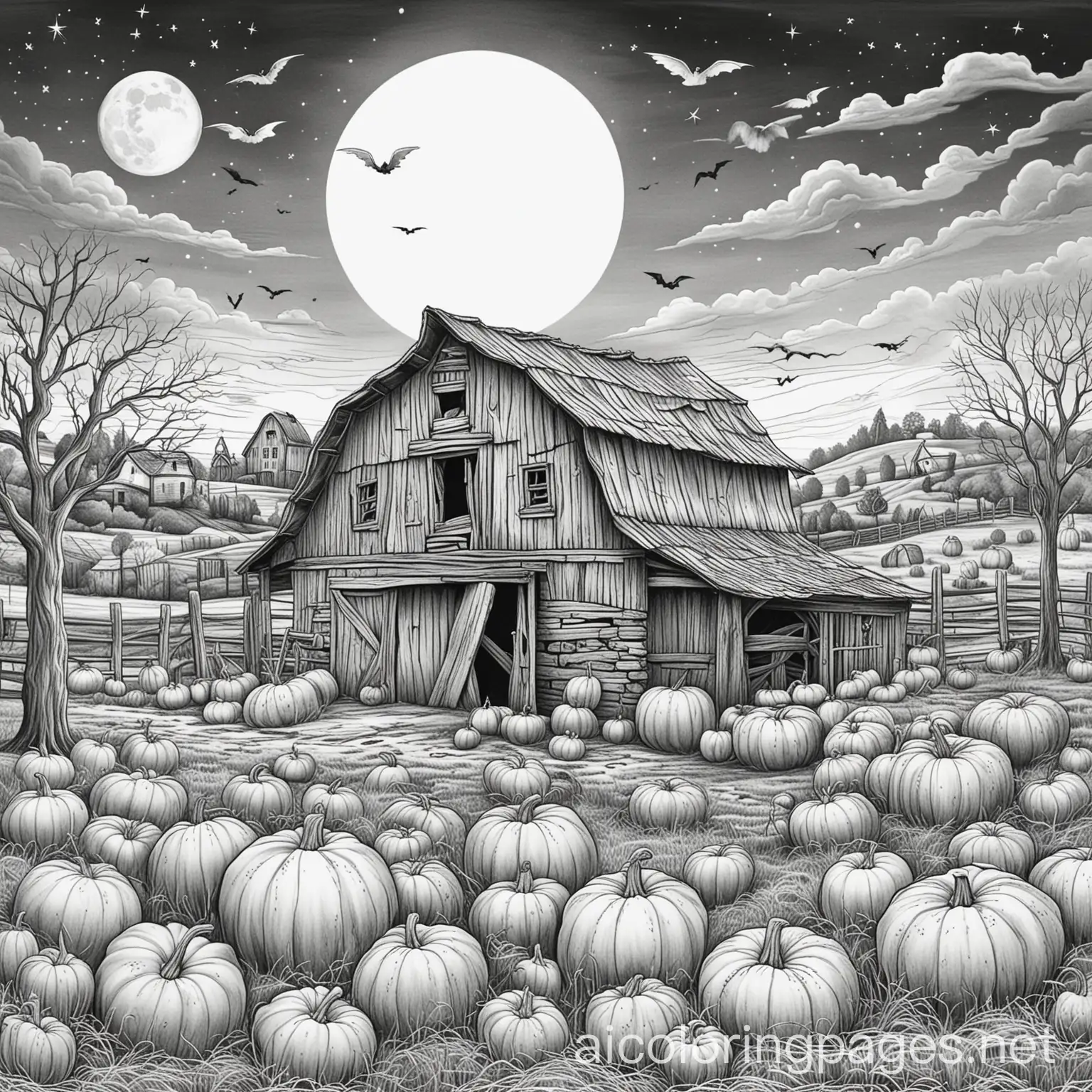 Haunted-Barn-Under-a-Full-Moon-with-Pumpkin-Patch