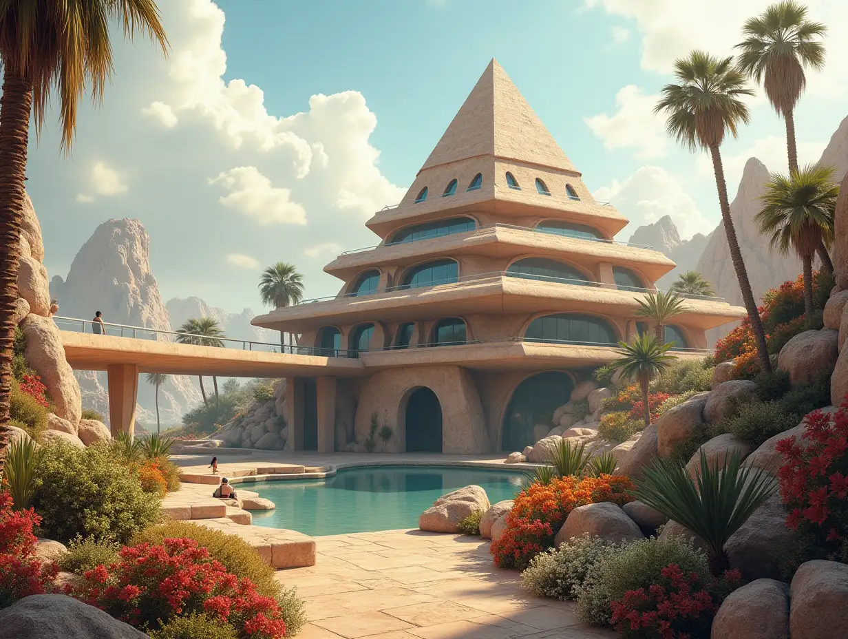 Create a high-resolution, realistic panorama image of a futuristic terrace building with window pyramid house with bridge, one and one with people, many plants and colorful flowers White and brown facades before the desert oasis, big trees, very cloudy sky