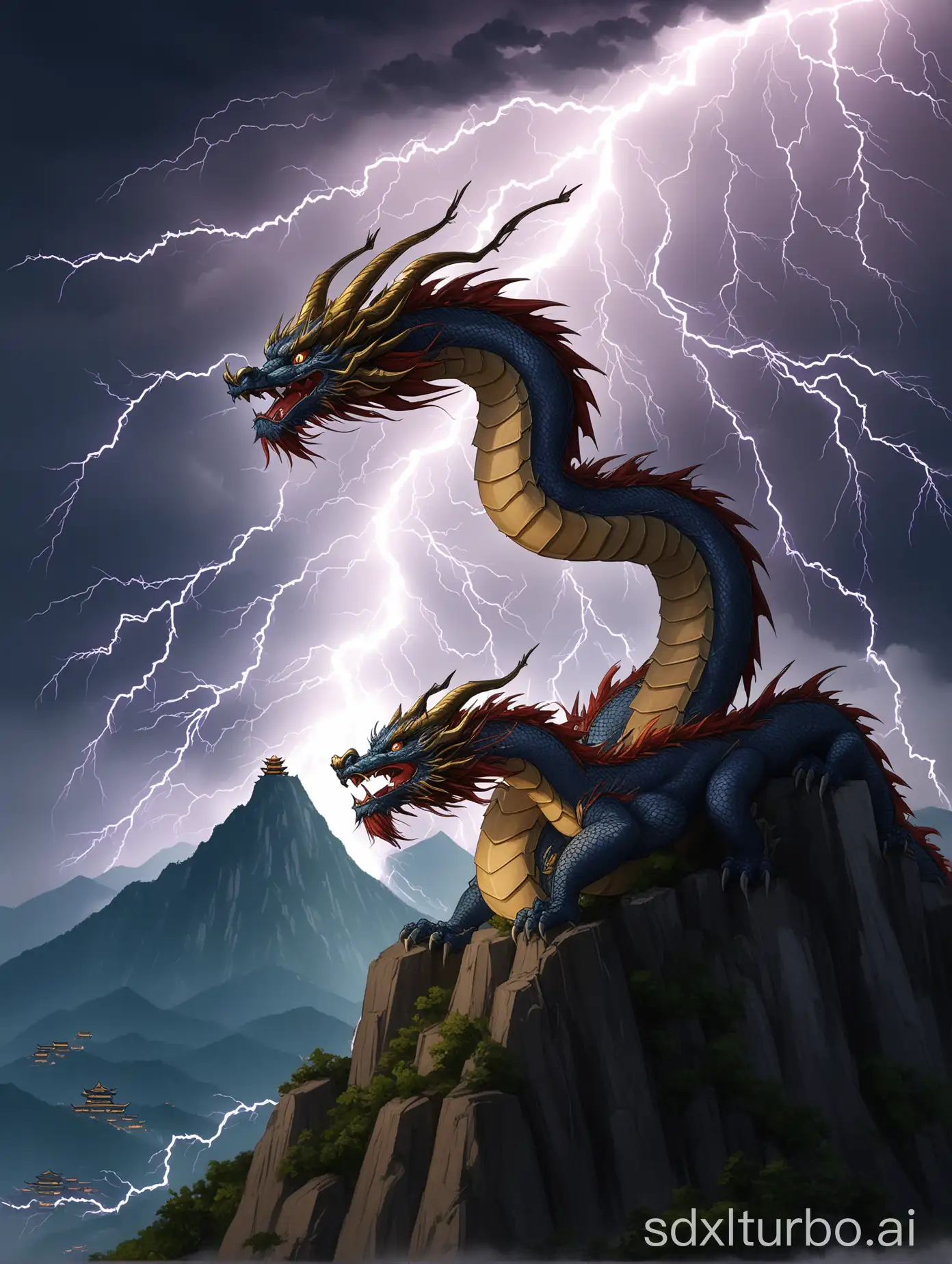 a dragon named Jiao Long passing the lightning storm on the mountain top