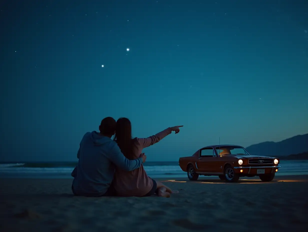 man and woman[8k] hugging sitting on ground near beach[8k], man pointing toward 1965 mustang in sky toward , light blue night sky, stars in sky [4k]