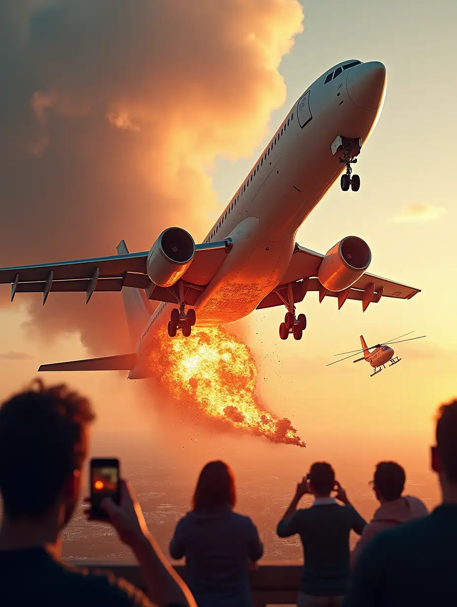 Generates a hyper-realistic image of a catastrophic plane crash in mid-air. A huge commercial airliner and a helicopter have collided in mid-air, with debris and fire scattering in all directions. The explosion illuminates the scene with an orange glow as parts of both aircraft fall towards the city on the horizon. In the background, witnesses on the ground watch in horror, some recording with their phones.