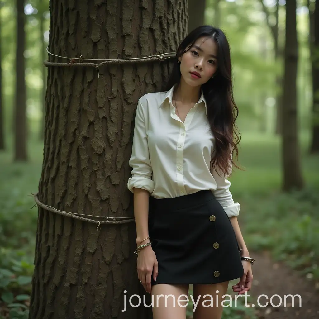 Chinese-Businesswoman-Bound-to-Tree-Surrounded-by-Wasps-in-Forest