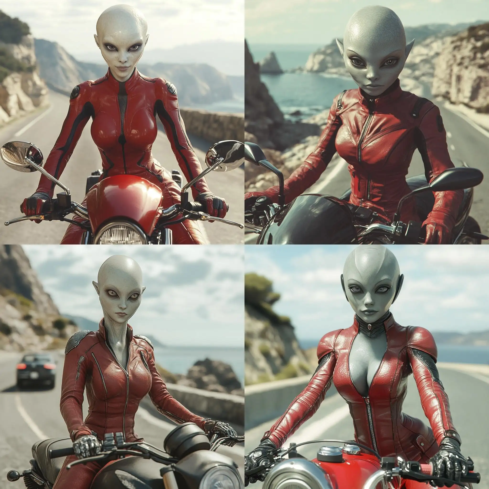 Alien-Woman-Riding-Motorcycle-in-Red-Biker-Leathers-on-Coastal-Road