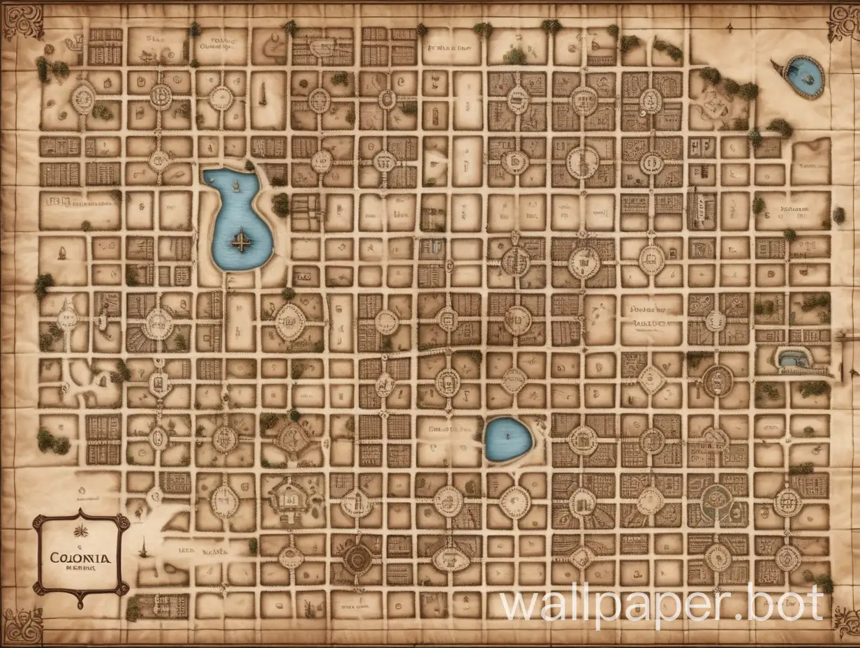 2d top down videogame map of colonial city in 1619 santa fe argentina, 6 x 9 square street grid, indigenous population, riverside, 