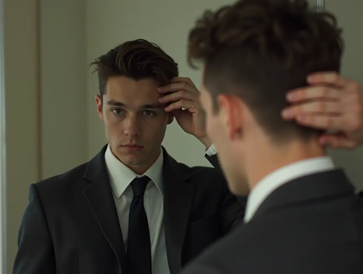 Young-Man-in-60sStyle-Suit-Reflecting-on-Regret-in-Front-of-Mirror