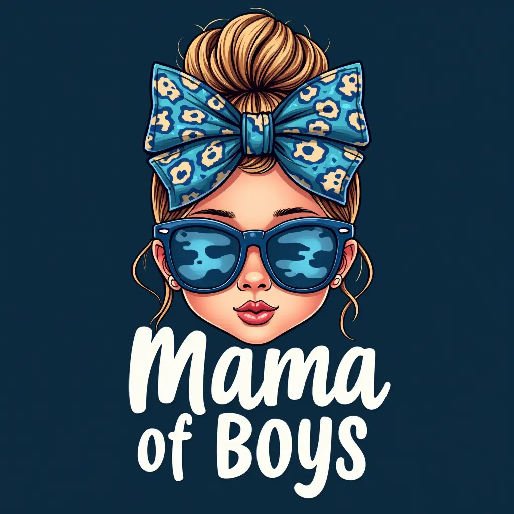 Vector. the text 'Mama of Boys' below it. The artwork focuses on a messy bun decorated with a leopard blue print bow and sunglasses adorned with a blue camouflage pattern. The background is a solid, dark blue color.