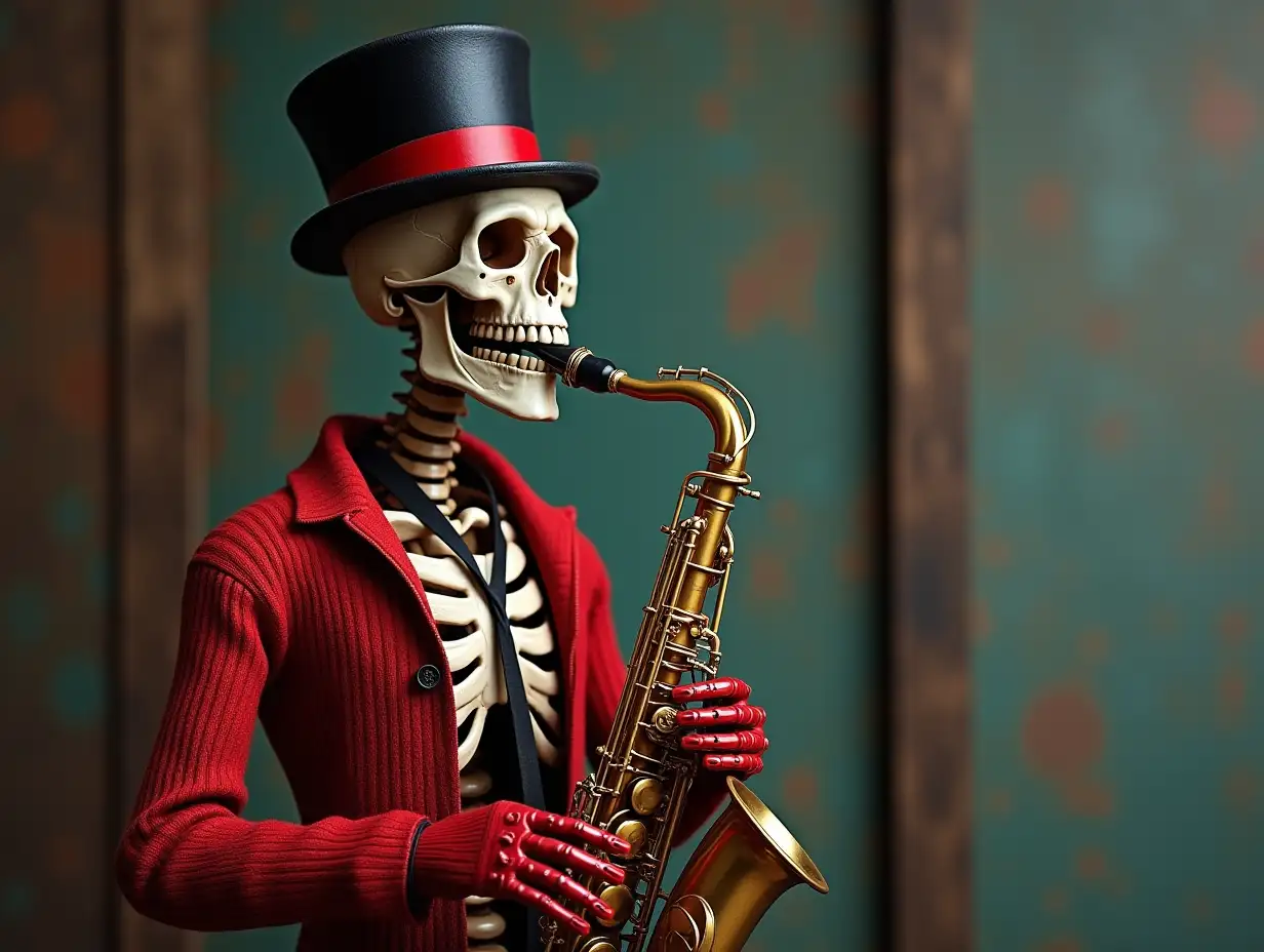 Create a high-resolution, realistic image of a robot that has a skeleton body, red porcelain hands and head, a sweater, a Steampunk top hat, and a saxophone standing in 4K resolution (Steampunk 8K quality)