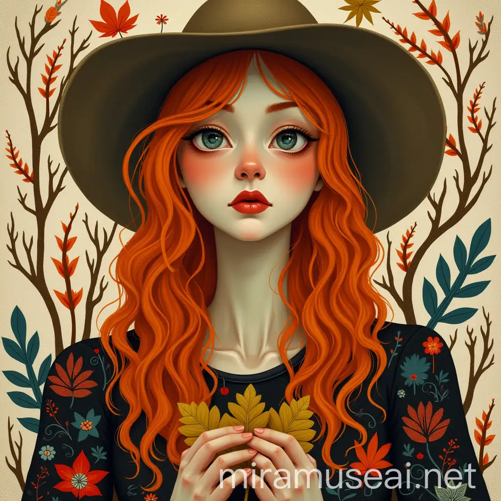 Mysterious Woman with Orange Hair Holding Old Leaves