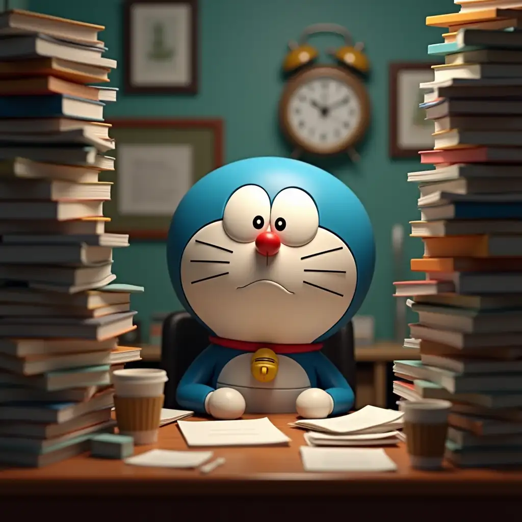 Create a 3D scene of a tired cartoon character, it could be Doraemon sitting at a desk surrounded by mountains of books, papers, and coffee cups. The character looks exhausted and overwhelmed, staring at a computer screen. Include a subtle clock in the background showing early morning hours. The atmosphere should reflect a chaotic yet humorous 'Monday morning' vibe. Add exaggerated facial expressions to the character, showing frustration and fatigue.