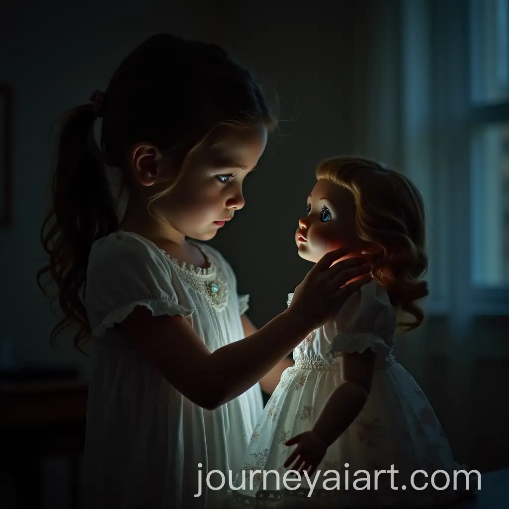 Girl-Interacting-with-Doll-in-a-Room-at-Night-with-Striking-Blue-Eyes