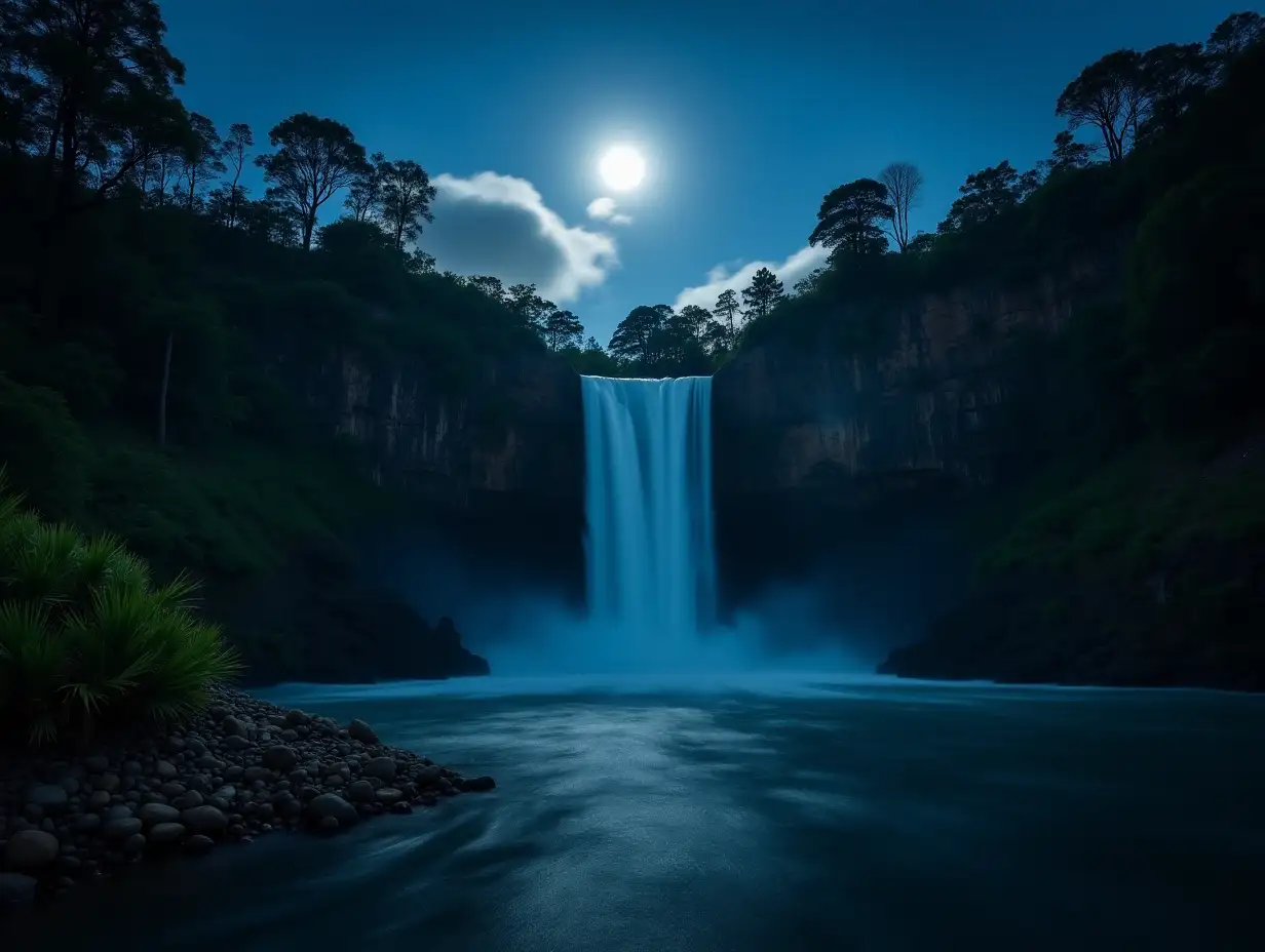 a waterfall at night, moon shining bright, tropical vegetation around