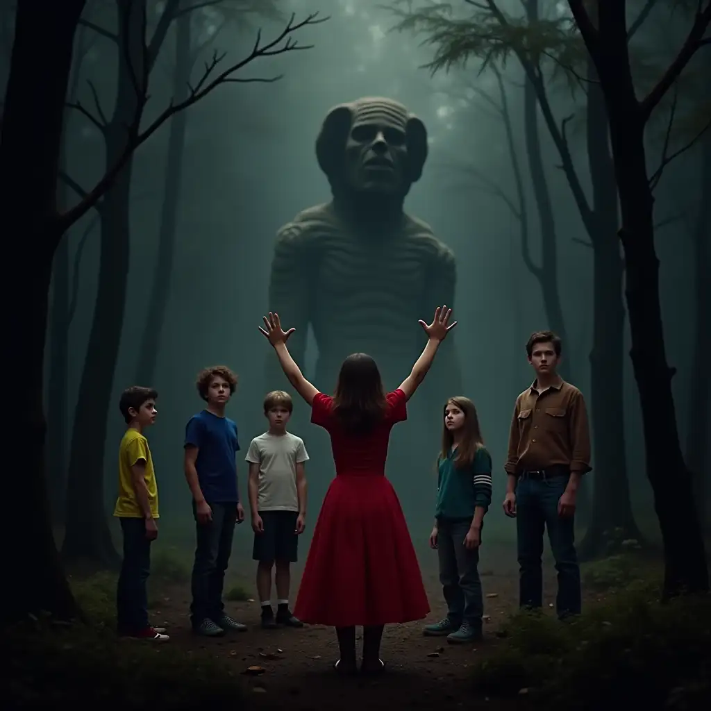 An image of the new season in the style of the TV series 'Very strange things' with the inscription 'Season 5'. The image shows the main characters: Eleven, Mike, Dustin, Lucas, Will and Hopper. The eleventh is wearing a red dress and holding her hands up. Mike is wearing a blue shirt and stands with his hands up. Dustin is wearing a green shirt and stands with his hands up. Lucas is wearing a yellow shirt and stands with his hands up. Will is wearing a white shirt and stands with his hands up. Hopper is wearing a brown shirt and stands with his hands up. In the background there is a dark, fog-shrouded forest with trees. Vecna has grown into the forest in the background