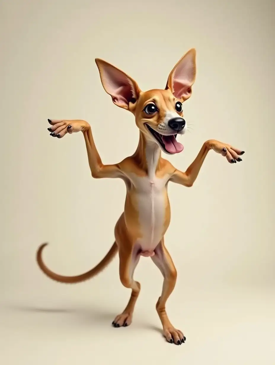 A funny skinny dog, tongue hanging out, arms spread out, dancing pose , smiley face