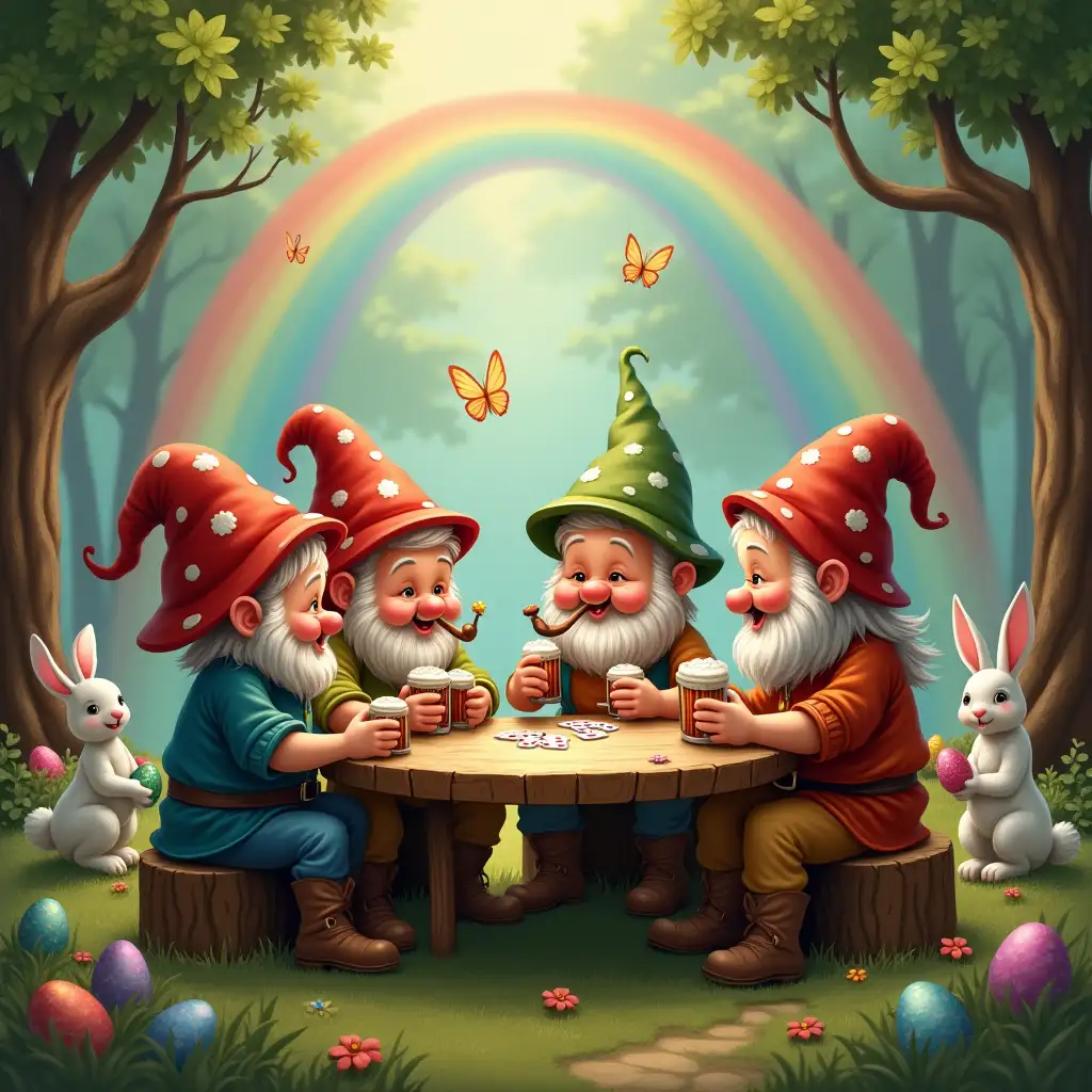 in a fairytale forest, there are 4 little dwarfs sitting around a table with short logs, they have mushroom-shaped hats on their heads, playing cards in their hands and playing poker, there is a rainbow behind them, colorful butterflies flying around, one dwarf has a pipe in his mouth, another dwarf has a half-full beer mug in front of him, a white rabbit watches them next to them, there are colored Easter eggs scattered around, and a unicorn horse watches them from afar in the forest.