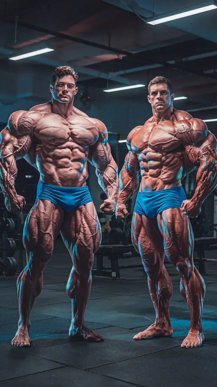 In an empty gym at night. Two powerfully muscled, hugely ripped, pumped, superhuman, handsome superpowered heroes stand boldly, ready to use their awesome superpowers to defend the cause of justice.. 33 years old. Photorealistic.