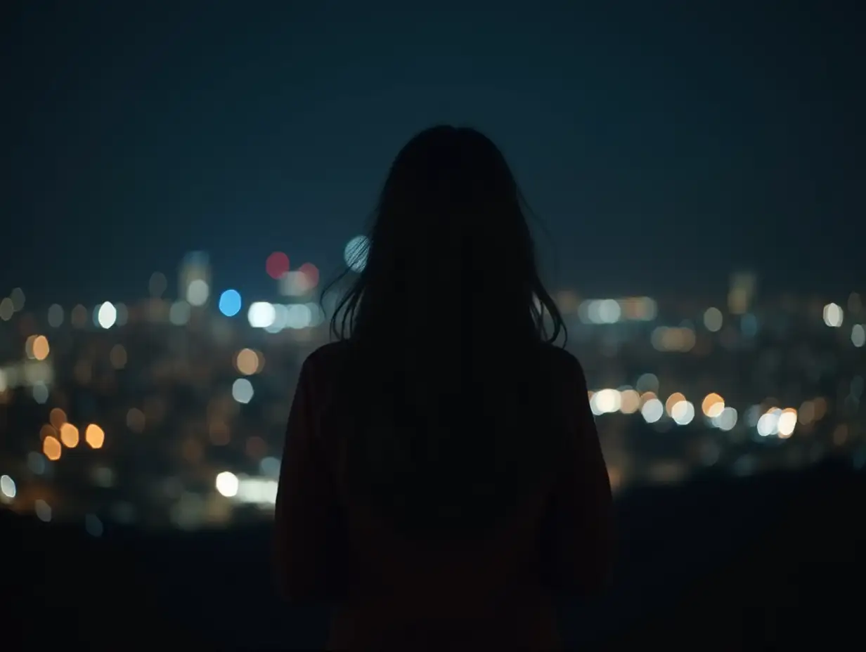 A girl after breakup leaving city at night. Cinematic style