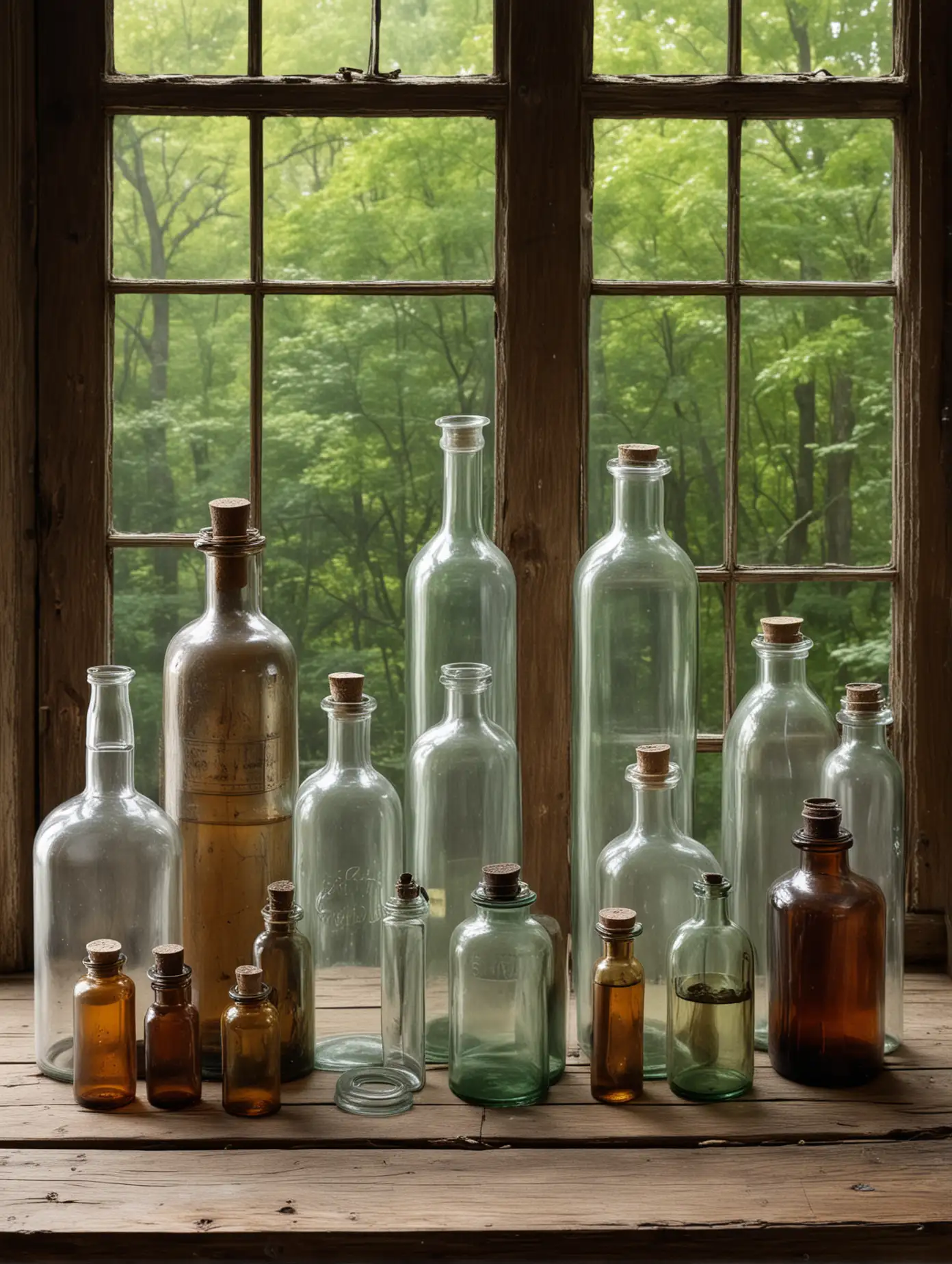 Antique Medicine Bottles on Country Wooden Table with Historical Window