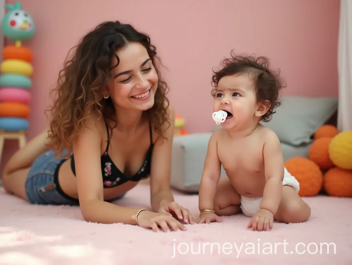 Persian-Woman-Playfully-Crawling-After-Baby-Boy-in-a-Pink-Nursery-Room