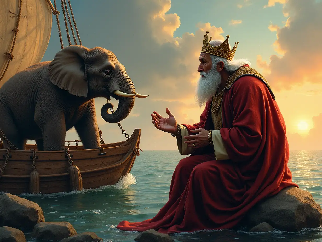 A dramatic scene illustrating an old wise sailor advising a king, with an elephant on a boat, a stone marked on the boat’s side, vivid colors, medieval setting, tense atmosphere.