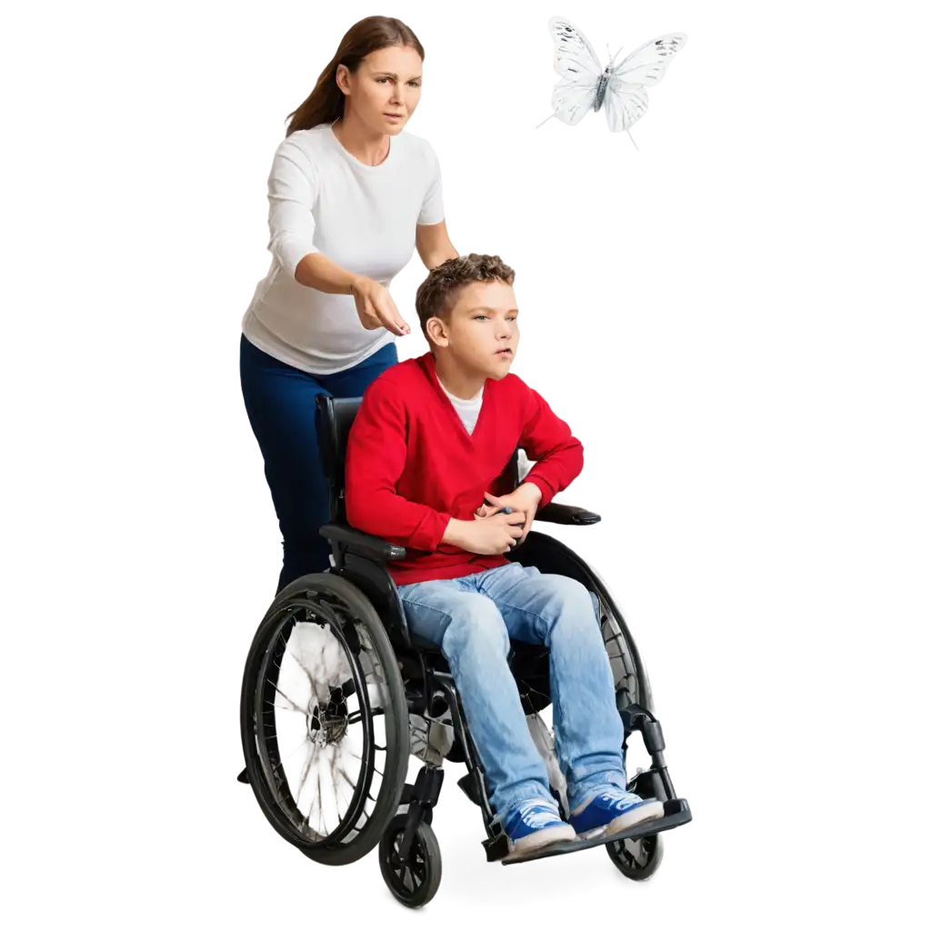 Angry-Adult-Ignoring-Child-in-Wheelchair-with-White-Butterfly-Approaching-PNG-Image