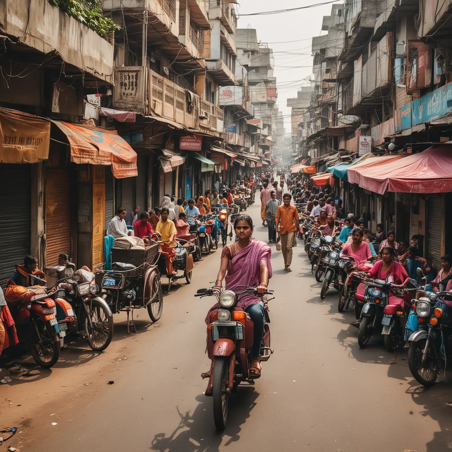 Busy-Indian-Street-Market-with-Vibrant-Shops-and-Colorful-People