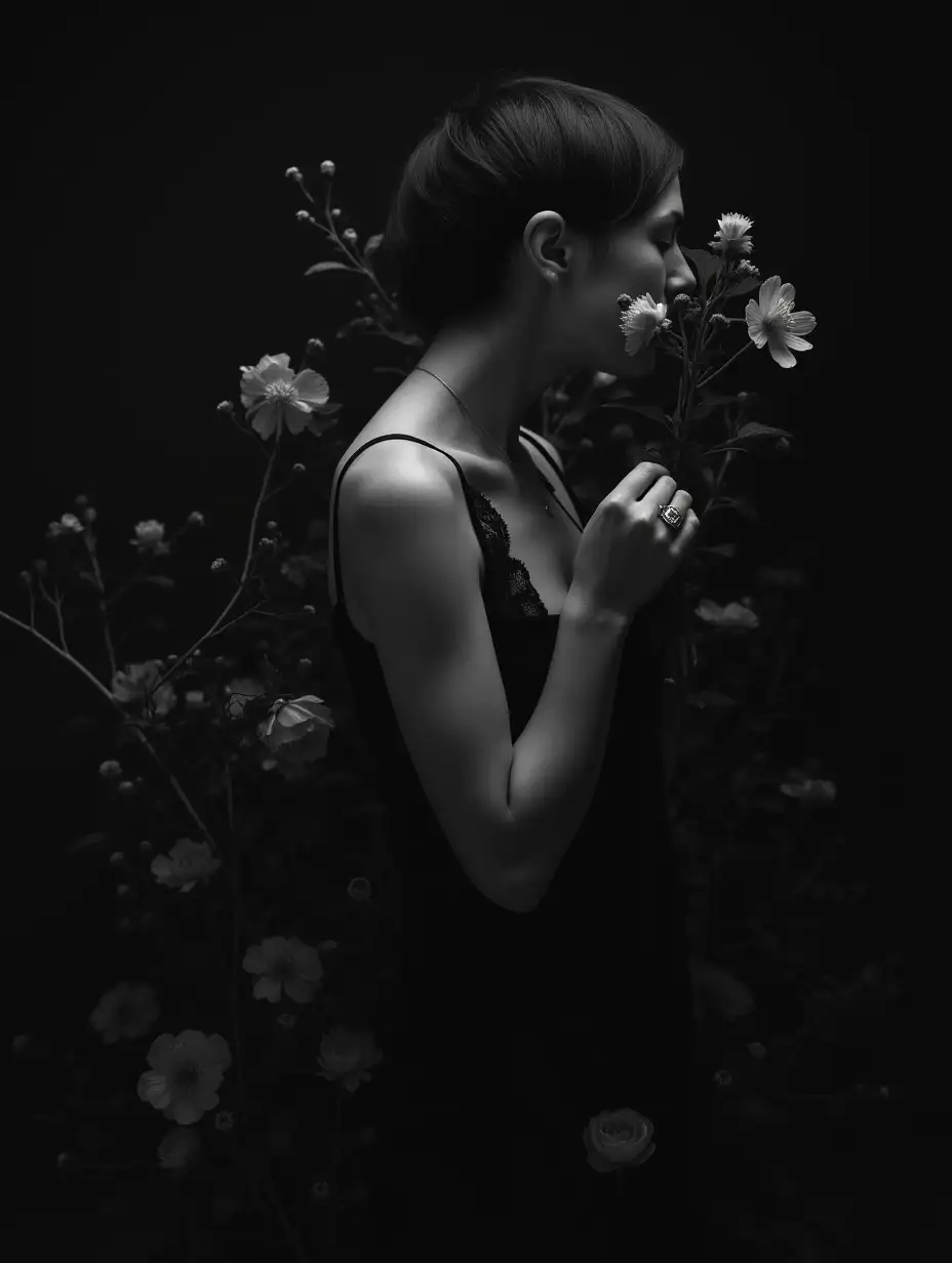 Mysterious-Woman-Surrounded-by-Monochrome-Flowers