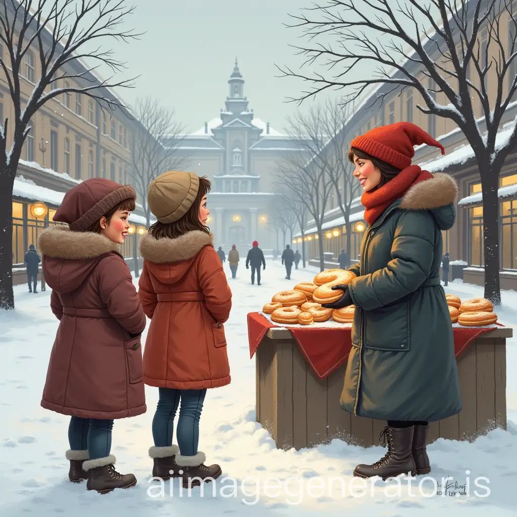 two girls talking with a lady who makes doughnuts in a snowy square