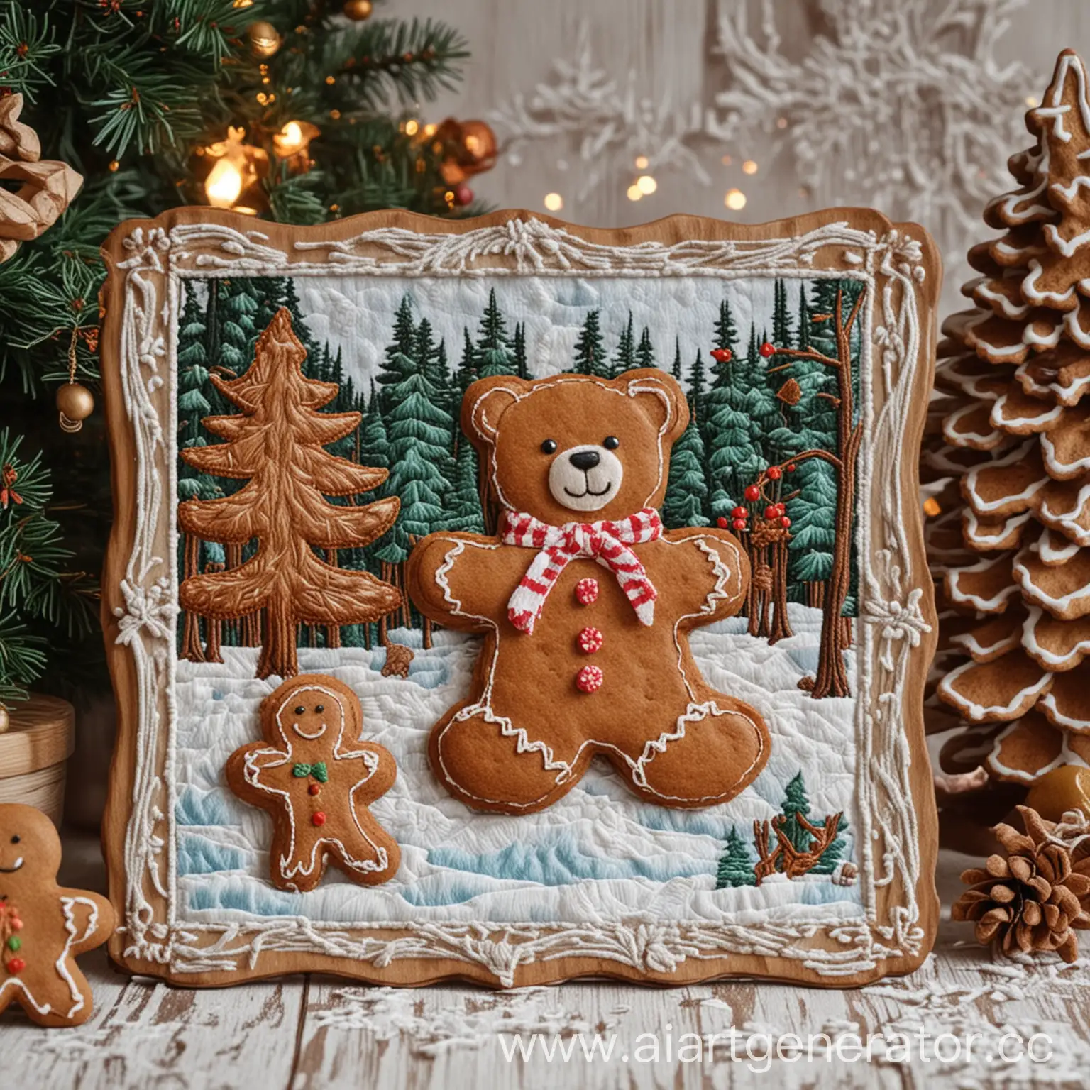 Gingerbread-Cookies-on-a-Christmas-Table-with-Embroidered-Bear-Panel