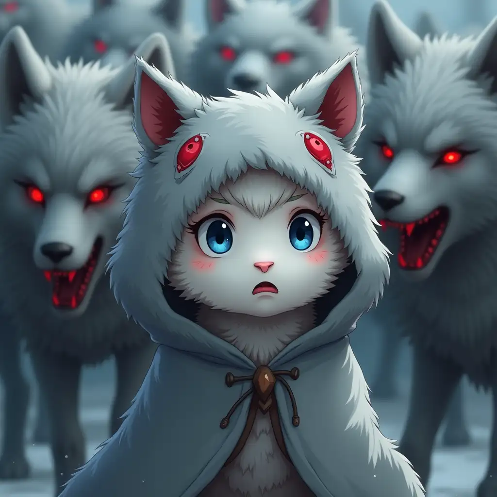 A little white fluffy sheep with blue eyes and a scared expression on its face. Wearing a gray hooded cloak (with decorative sharp wolf ears and red drawn wolf eyes) that looks like a grey wolf pelt covered in thick wolf fur. The hood is almost covering the sheep's face. There is a pack of terrifying gray wolves around it, with bloody, bared long fangs, glowing red eyes, and dirty grey fur. The sheep doesn't stand out from the crowd. Style of anime.