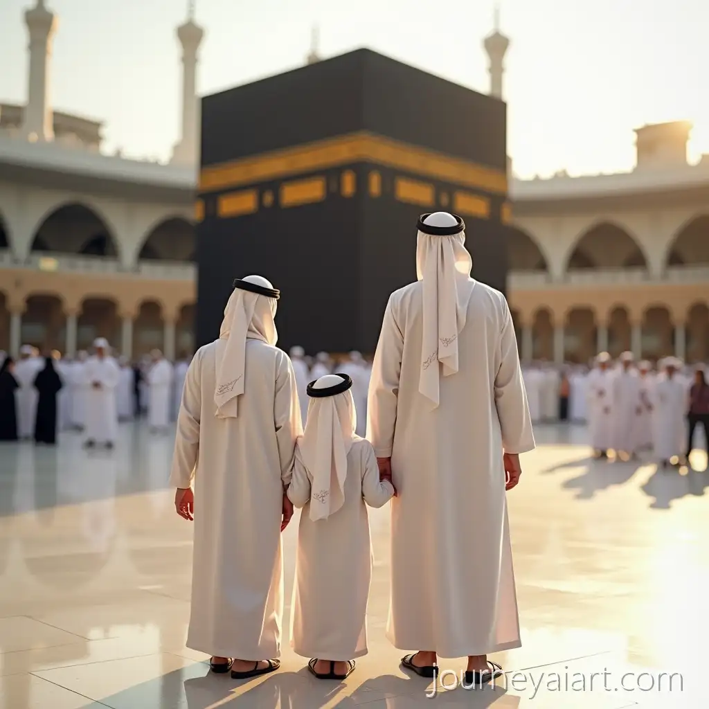 Family-Portrait-in-Front-of-theFamily-at-Kaaba-Hajj-Kaaba-During-Hajj-with-Authentic-Ihram-Clothing