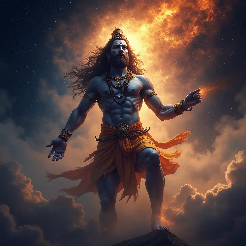 portrait of hindu god shiva in his glory, angry and doing tandav on earth, space view