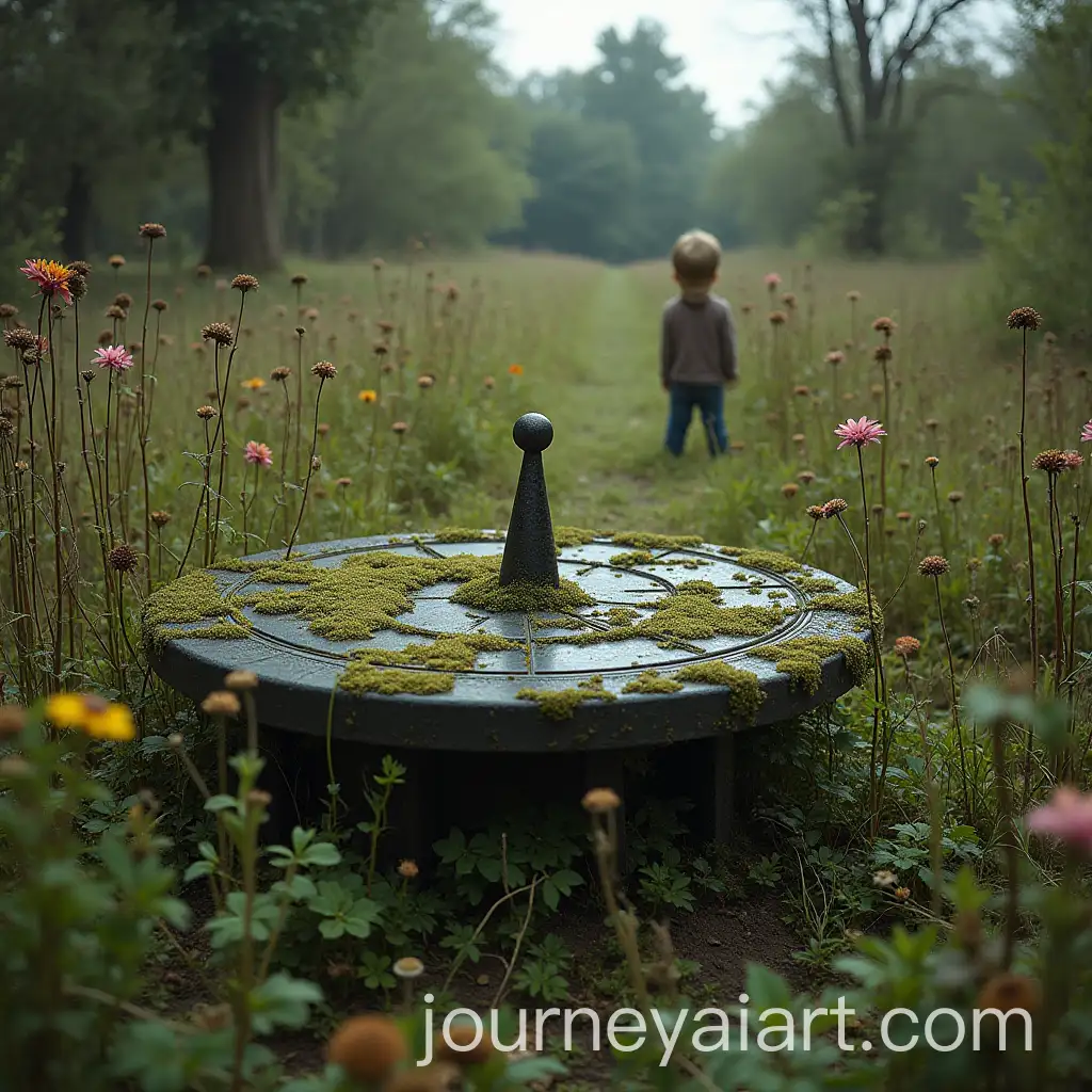 Abandoned-Garden-with-Weeds-and-Withered-Flowers-Child-Watching-Old-Sundial