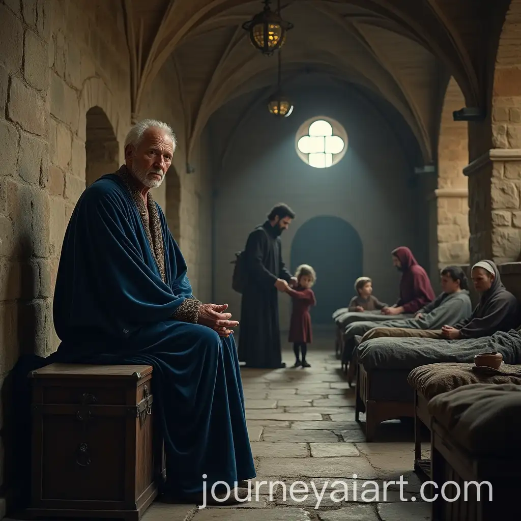 Medieval-Hospital-Interior-with-Old-Man-in-Blue-Velvet-Robe