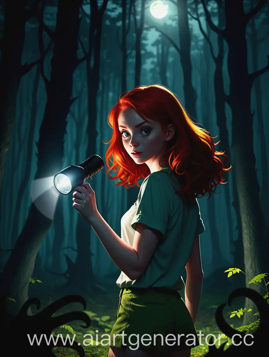 Redhead-Girl-with-Flashlight-in-Forest-Surrounded-by-Monster-Shadows