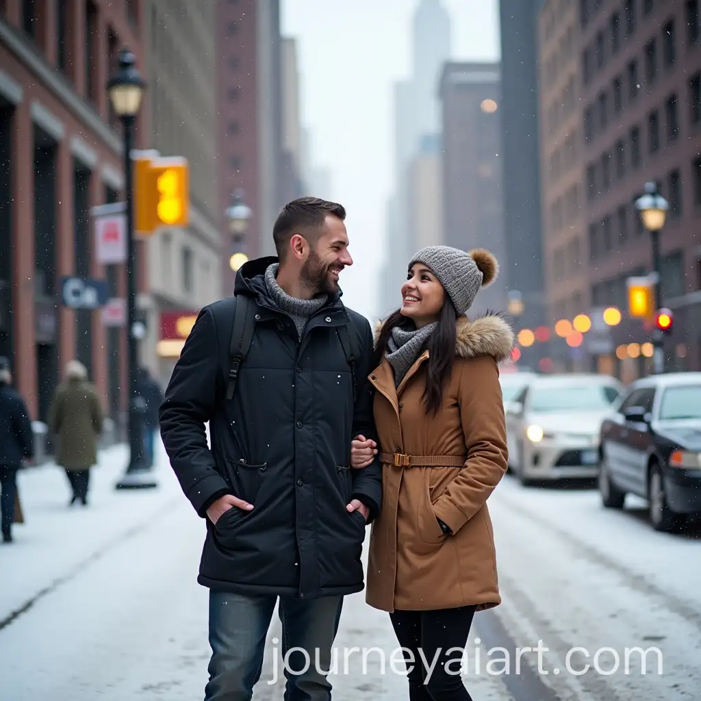 Couple-Walking-Through-Snowy-Manhattan-Street-in-Winter