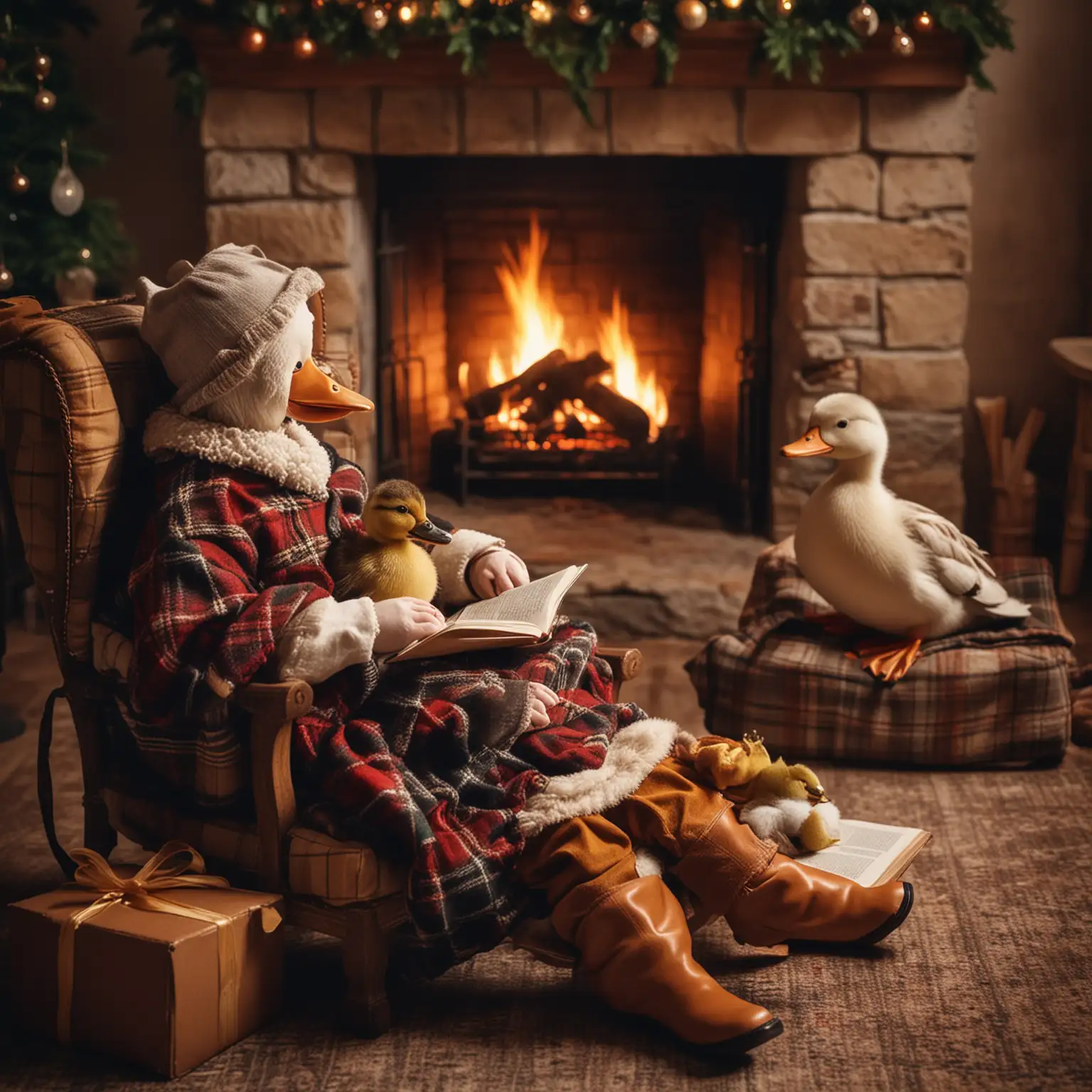 a cozy photo with an anthropomorphic duck and her duckling, duck heads, human body, sitting in a chair and reading a book, a child listens attentively covered with a plaid, the fireplace is burning, Christmas and holiday atmosphere