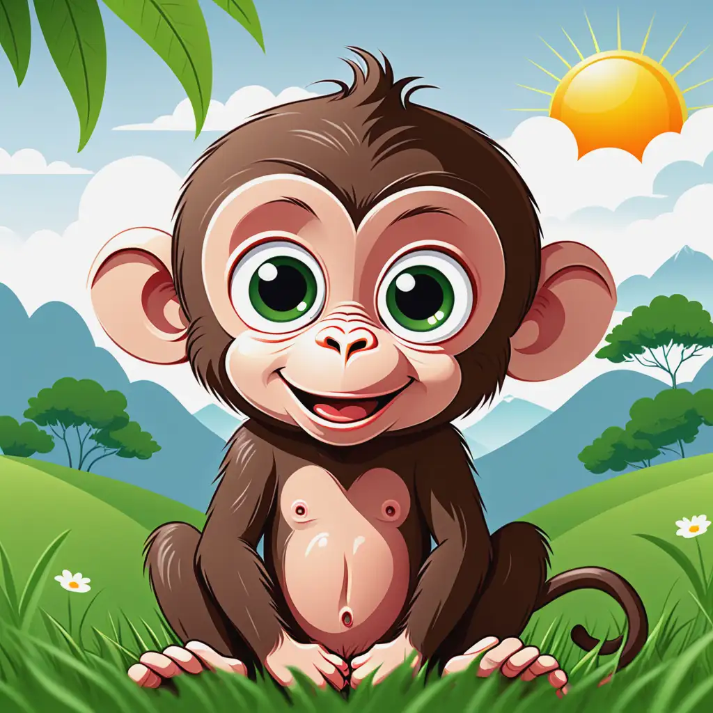 Adorable Vector Illustration of a Happy Rhesus Monkey in Asian Landscape