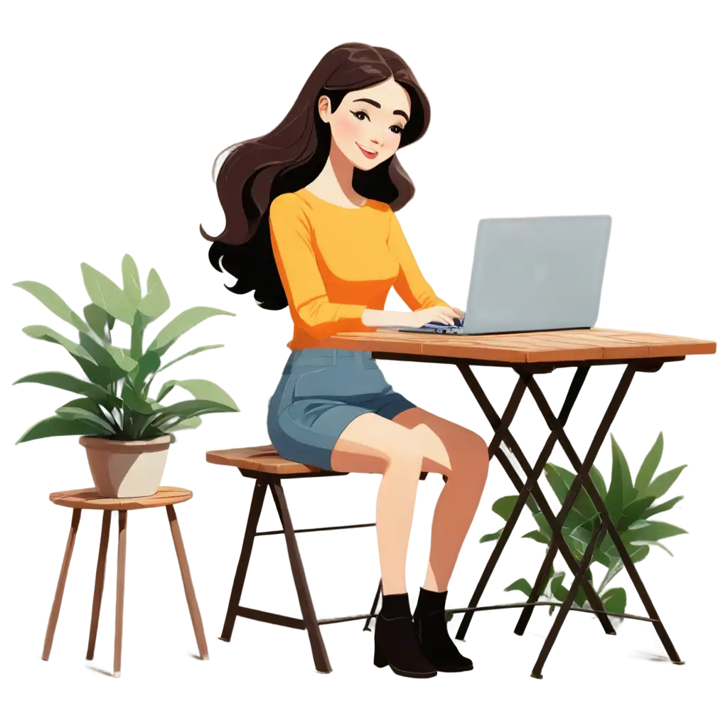 Cheerful-Cafe-Scene-PNG-with-Girl-Working-on-Laptop-Surrounded-by-Flower-Plants-Bright-Cozy-2D-Flat-Illustration