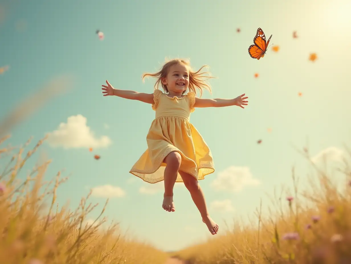 A little girl, flying in the air like a butterfly